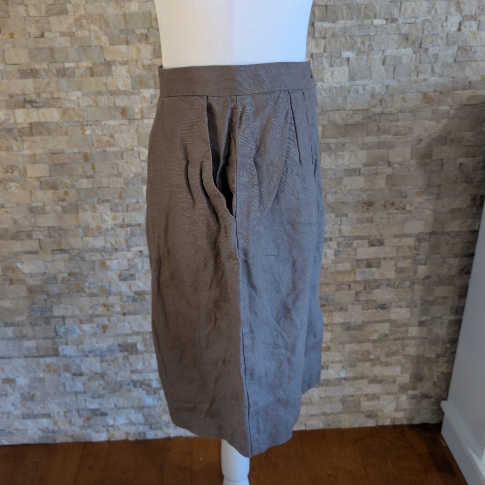 Vintage Finity Taupe Linen Pleated Knee Length Skirt Size 12 Small Natural Eco image 3